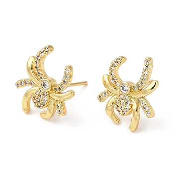 Rack Plating Brass Spider Stud Earrings with Cubic Zirconia, Lead Free & Cadmium Free, Real 18K Gold Plated, 15.5x13.5mm