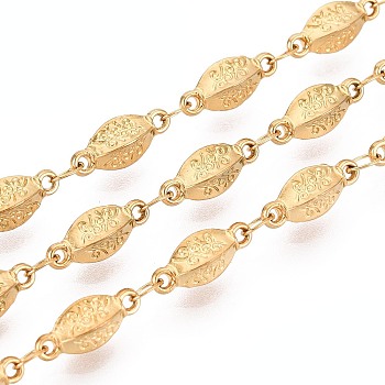 5M 304 Stainless Steel Textured Oval Link Chains, Soldered, with Spool, Ion Plating(IP), Real 18K Gold Plated, 11x3.5x3.5mm
