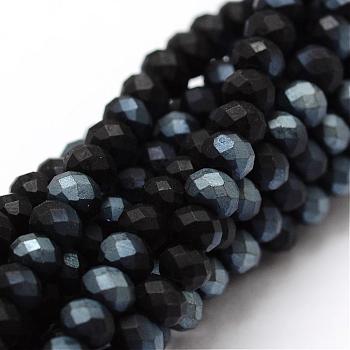 Half Rainbow Plated Faceted Rondelle Glass Bead Strands, Frosted, Black, 3.5~4x2.5~3mm, Hole: 0.8mm, about 150pcs/strand, 15.1 inch