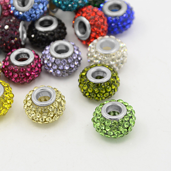 Resin Rhinestone European Beads, Large Hole Beads, Rondelle, Platinum Metal Color, Mixed Color, 15x10mm, Hole: 5mm