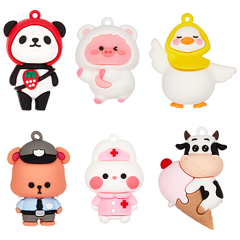 12Pcs 6 Style PVC Pendants, Rabbit & Panda with Strawberry & Pig, Mixed Color, 43~53x32~46x20.5~26.5mm, Hole: 3mm, 2pcs/style