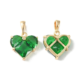 Brass Micro Pave Cubic Zirconia Charms, Heart Charm, Real 18K Gold Plated, Green, 14.5x13.5x5mm, Hole: 3x2.5mm