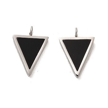 304 Stainless Steel Charms, with Glass, Triangle, Black, 14x10x2mm, Hole: 2mm