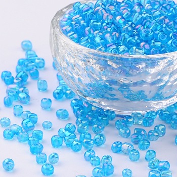 (Repacking Service Available) Round Glass Seed Beads, Transparent Colours Rainbow, Round, Dark Turquoise, 6/0, 4mm, about 12g/bag