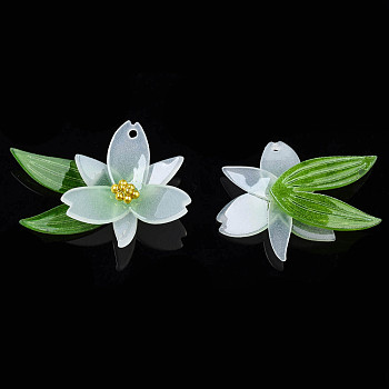 Plastic Pendants, with Golden Plated Stainless Steel Beads, Flower, Green, 22x28~29x7~8mm, Hole: 1.2mm