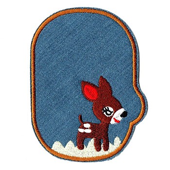 Computerized Embroidery Cloth Iron on/Sew on Patches, Costume Accessories, Oval with Sika deer, Steel Blue, 11.7x8.7cm