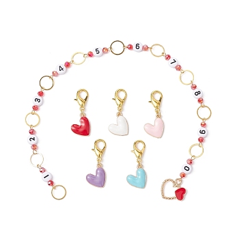 6Pcs Knitting Row Counter Chains & Locking Stitch Markers Kits, with Heart Alloy Enamel Pendant, Acrylic & Glass Beads, Golden, Mixed Color, 29.5cm & 3.4cm