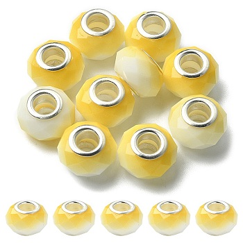 Glass European Beads, Large Hole Beads, with Silver Tone Brass Double Cores, Faceted Rondelle, Yellow, 14x9mm, Hole: 5mm