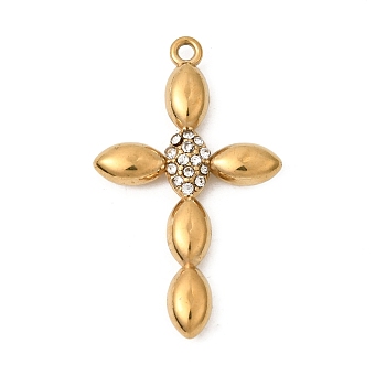 304 Stainless Steel Rhinestone Pendants, Cross Charms, Ion Plating(IP), Mirror Polished Finish, Golden, 27x16x3mm, Hole: 1.2mm