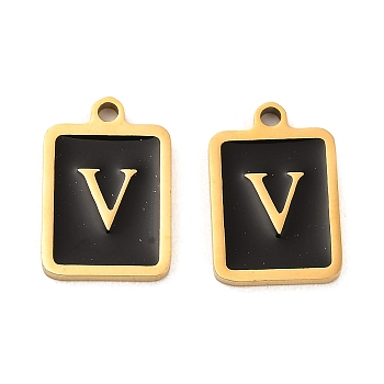304 Stainless Steel Pendants, with Enamel, Rectangle with Letter Charm, Golden, Letter V, 17.5x12x1.5mm, Hole: 1.5mm