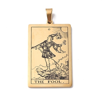 201 Stainless Steel Pendant, Golden, Rectangle with Tarot Pattern, The Fool 0, 40x24x1.5mm, Hole: 4x7mm