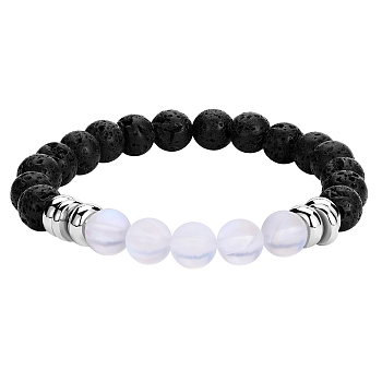Synthetic Moonstone & Natural Lava Rock Round Beaded Stretch Bracelet, Essential Oil Gemstone Jewelry for Women, Clear, Inner Diameter: 2-1/8 inch(5.5cm)