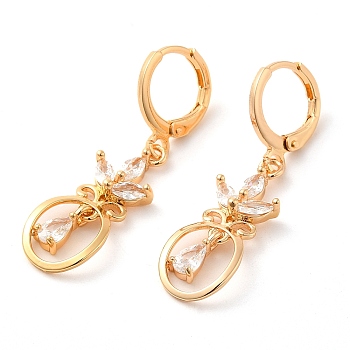 Rack Plating Golden Brass Dangle Leverback Earrings, with Cubic Zirconia, Butterfly, Clear, 37x9.5mm