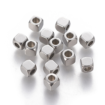 304 Stainless Steel Spacer Beads, Cube, Stainless Steel Color, 4x4x4mm, Hole: 2mm