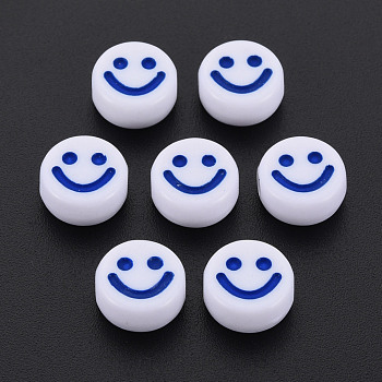 Opaque Acrylic Beads, with Enamel, Flat Round with Smile Face, Medium Blue, 10x5mm, Hole: 2mm, about 1450pcs/500g