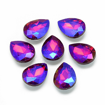 Pointed Back Glass Rhinestone Cabochons, Back Plated, Faceted, AB Color Plated, teardrop, Red, 18x13x5.5mm