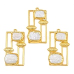 Natural Pearl Big Pendants, with Brass Findings, Rectangle Charms, Floral White, Golden, 55.5~56x33~33.5x8~8.5mm, Hole: 2.6~2.8mm(KK-H516-09G)