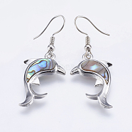 Abalone Shell/Paua Shell Dangle Earrings, with Brass Findings, Dolphin, Platinum, 47~48mm, Pin: 0.7mm(EJEW-F147-A02)