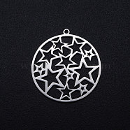 201 Stainless Steel Filigree Charms, Flat Round with Star, Stainless Steel Color, 32x30x1mm, Hole: 1.6mm(STAS-T049-T692-1)