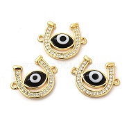 Rack Plating Real 18K Gold Plated Brass Micro Pave Clear Cubic Zirconia Connector Charms, Horseshoe Links, with Handmade Evil Eye Lampwork, Cadmium Free & Lead Free, Long-Lasting, Black, 18.5x23x4mm, Hole: 1.5mm(ZIRC-L102-01G-07)