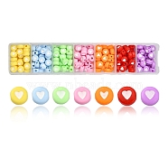 245Pcs 7 Colors Opaque Acrylic Beads, Flat Round with Heart, Mixed Color, 7x4mm, Hole: 1.5mm, 35pcs/color(MACR-YW0001-76A)