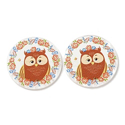 Opaque Acrylic Pendants, Flat Round with Owl, Sienna, 37.5x2.5mm, Hole: 1.6mm(BACR-D002-10C)