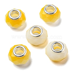 Glass European Beads, Large Hole Beads, with Silver Tone Brass Double Cores, Faceted Rondelle, Yellow, 14x9mm, Hole: 5mm(GPDL-I001-01B)