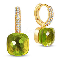 SHEGRACE Brass Dangle Earrings, with Grade AAA Cubic Zirconia and Glass, Square, Real 18K Gold Plated, Green, 21mm(JE829E)