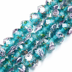 Handmade Gold Sand Lampwork Beads Strands, Inner Flower, Faceted Rondelle, Medium Turquoise, 8x6mm, Hole: 2mm, about 70pcs/strand, 17.3 inch(LAMP-R141-8mm-17)