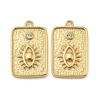 304 Stainless Steel Pendants, with Crystal Rhinestone, Rectangle with Evil Eye Charm, Real 14K Gold Plated, 23x14x2.5mm, Hole: 1.6mm