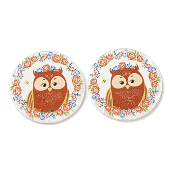 Opaque Acrylic Pendants, Flat Round with Owl, Sienna, 37.5x2.5mm, Hole: 1.6mm