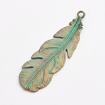 Tibetan Style Alloy Pendants, Feather, Antique Bronze & Green Patina, 57x18x1.5mm, Hole: 2.5mm