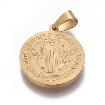 Vacuum Plating 304 Stainless Steel Pendants, Religion Theme, Flat Round with Saint Benedict Medal, Golden, 28x25x2.3mm, Hole: 8.5x5.2mm