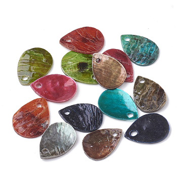 Spray Painted Natural Akoya Shell Charms, Mother of Pearl Shell Pendants, teardrop, Mixed Color, 9~10x12~13x1mm, Hole: 1mm