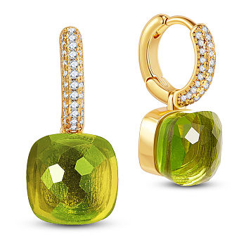 SHEGRACE Brass Dangle Earrings, with Grade AAA Cubic Zirconia and Glass, Square, Real 18K Gold Plated, Green, 21mm