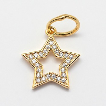 CZ Brass Micro Pave Cubic Zirconia Five-Pointed Star Charms, Golden, 15x14x2mm, Hole: 4mm, Ring: 5.5x1.2mm