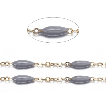 Handmade Enamel Beaded Chains, with Stainless Steel Curb Chains and Spool, Soldered, Long-Lasting Plated, Golden, Gray, 1.5x1x0.1mm, about 32.8 Feet(10m)/roll