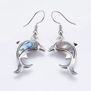 Abalone Shell/Paua Shell Dangle Earrings, with Brass Findings, Dolphin, Platinum, 47~48mm, Pin: 0.7mm