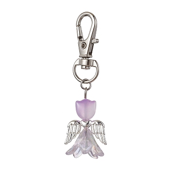 Angel Glass Pendant Decorations, with Alloy Swivel Lobster Claw Clasps, Lilac, 63mm