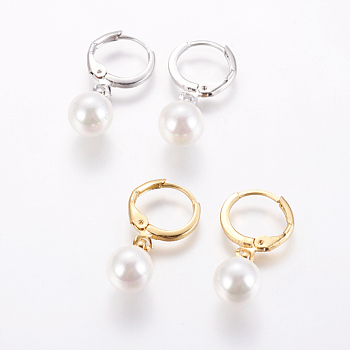 Brass Leverback Earrings, with Shell Pearl, Long-Lasting Plated, Mixed Color, 25mm, Pin: 0.8mm
