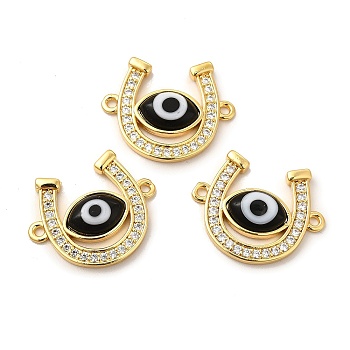Rack Plating Real 18K Gold Plated Brass Micro Pave Clear Cubic Zirconia Connector Charms, Horseshoe Links, with Handmade Evil Eye Lampwork, Cadmium Free & Lead Free, Long-Lasting, Black, 18.5x23x4mm, Hole: 1.5mm