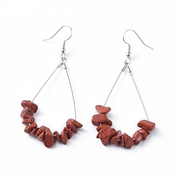 Dangle Earrings, with Natural Red Jasper Chips, Platinum Plated Brass Earring Hooks and teardrop, Pendants, 71~75mm, Pendant: 53.5~59mm, Pin: 0.5mm