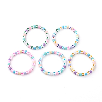 Stretch Kids Bracelets, with Opaque Cube with Heart & Round Acrylic Beads, Mixed Color, Inner Diameter: 1-3/4 inch(4.6cm)