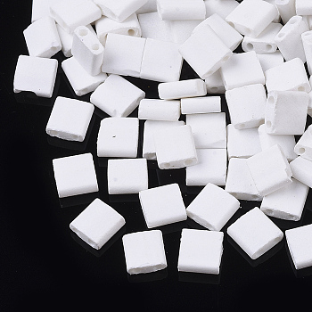2-Hole Glass Seed Beads, Rubberized Style, Rectangle, White, 5x4.5~5.5x2~2.5mm, Hole: 0.5~0.8mm
