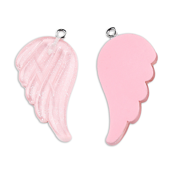 Translucent Resin Pendants, Wing Charms, with Platinum Plated Iron Loops and Glitter Powder, Pink, 41x30x4mm, Hole: 2mm
