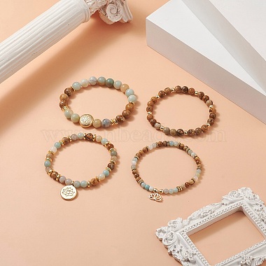 Natural Flower Amazonite & Picture Jasper Beaded Stretch Bracelets Sets with Non-Magnetic Synthetic Hematite(BJEW-JB09280)-2