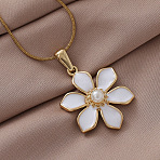 304 Stainless Steel Enamel with Imitation Pearl Cherry Blossom Flower Pendant Necklaces for Women, White, Golden, 15.75 inch(40cm)(RN9489)