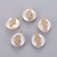 Natural Cultured Freshwater Pearl Pendants, with Brass Micro Pave Cubic Zirconia Cabochons, Nuggets with Hamsa Hand/Hand of Fatima/Hand of Miriam, Clear, Golden, 14~28x12~22x5~12mm, Hole: 1.2mm(PEAR-J004-23G)
