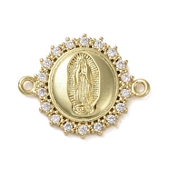 Religion Brass Micro Pave Clear Cubic Zirconia Connector Charms, Virgin Mary Links, Real 16K Gold Plated, Oval, 17x21x3mm, Hole: 1.4mm(KK-H466-10G-02)