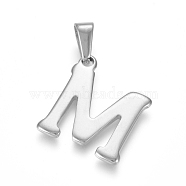 304 Stainless Steel Pendants, Stainless Steel Color, Initial Letter.M, 20x18x1.8mm, Hole: 3x7mm(STAS-F106-95P-M-01)